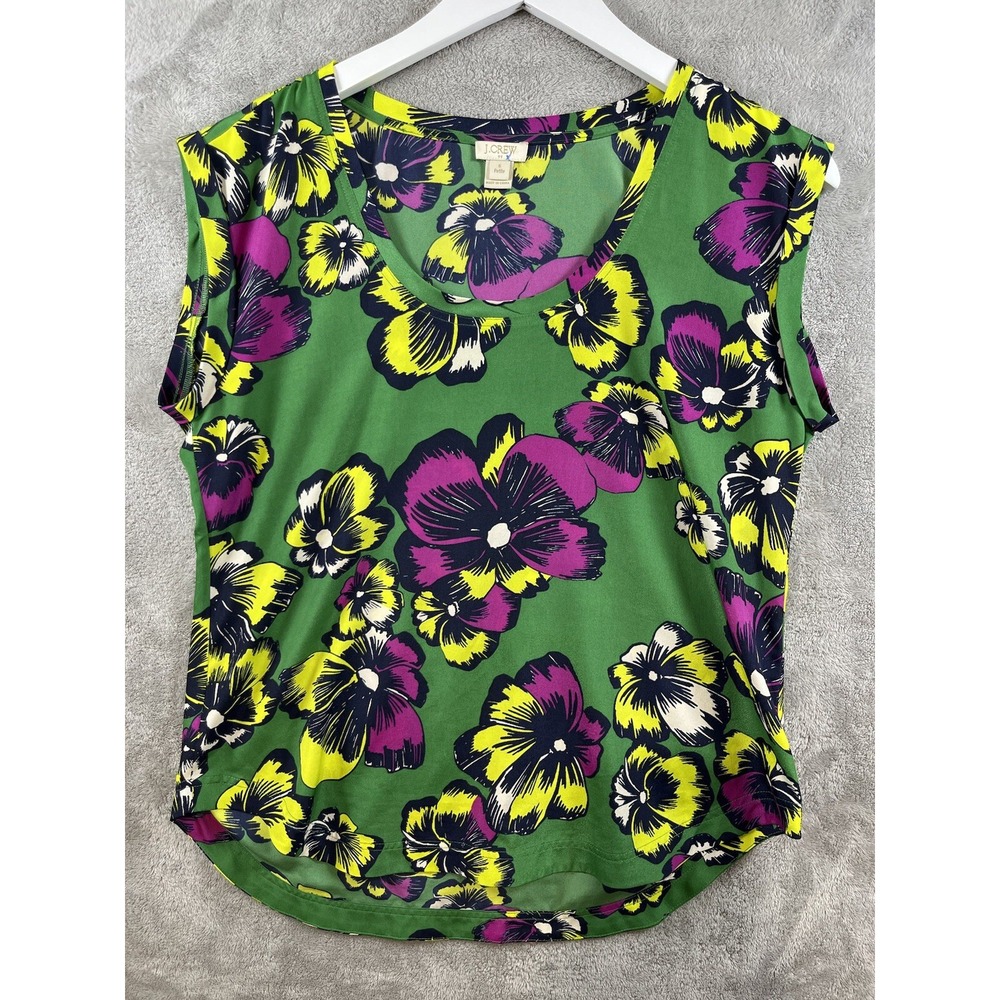 J. Crew Womens Floral Print Green Blouse 6P Preppy Summer Casual Normcore Dainty